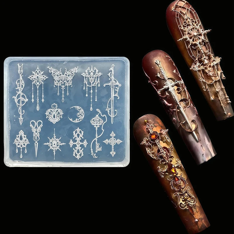 3D Baroque Pattern Gel Nail Art Mold Butterfly Moon Resin Sword Silicone Mold with Arrow Design