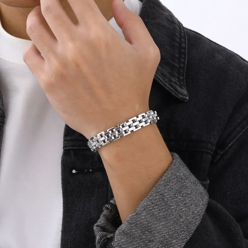 Men's Stainless Steel Chain Link Bracelet - Adjustable Wristband for Gift