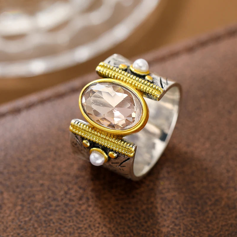 Exaggerated Wide-Gauge Vintage Ring with Artificial Gemstone in Copper - Adjustable Sizes