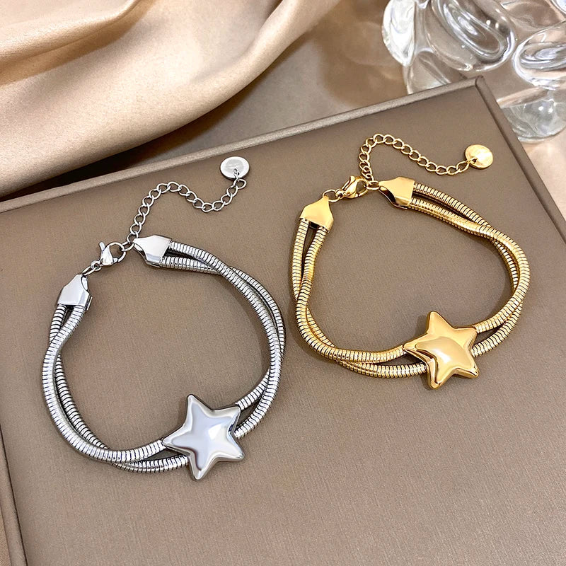 Vintage Double-Layer Stainless Steel Elastic Chain Bracelet with Star Charm - Waterproof Jewelry