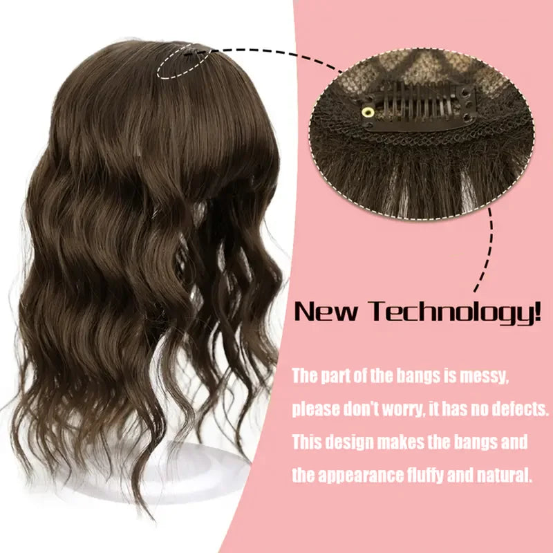 14 Inch Synthetic Wavy Clip-In Hair Topper with Bangs for Women - Curly Fluffy Hairpiece