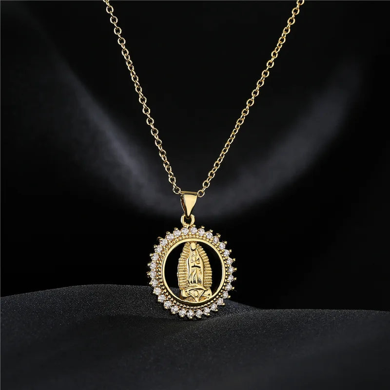 Stainless Steel Virgin Mary Necklace with CZ Stone - Gold Color Pendant for Men Women
