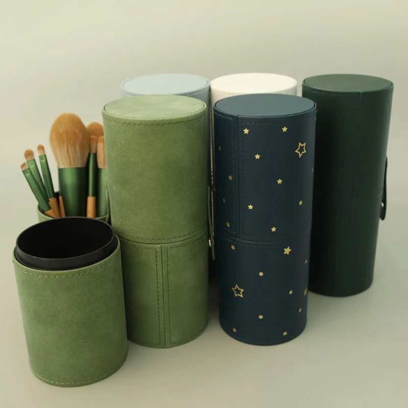 Portable PU Leather Makeup Brush Cylinder Travel Cosmetic Bag Waterproof Dust-Proof