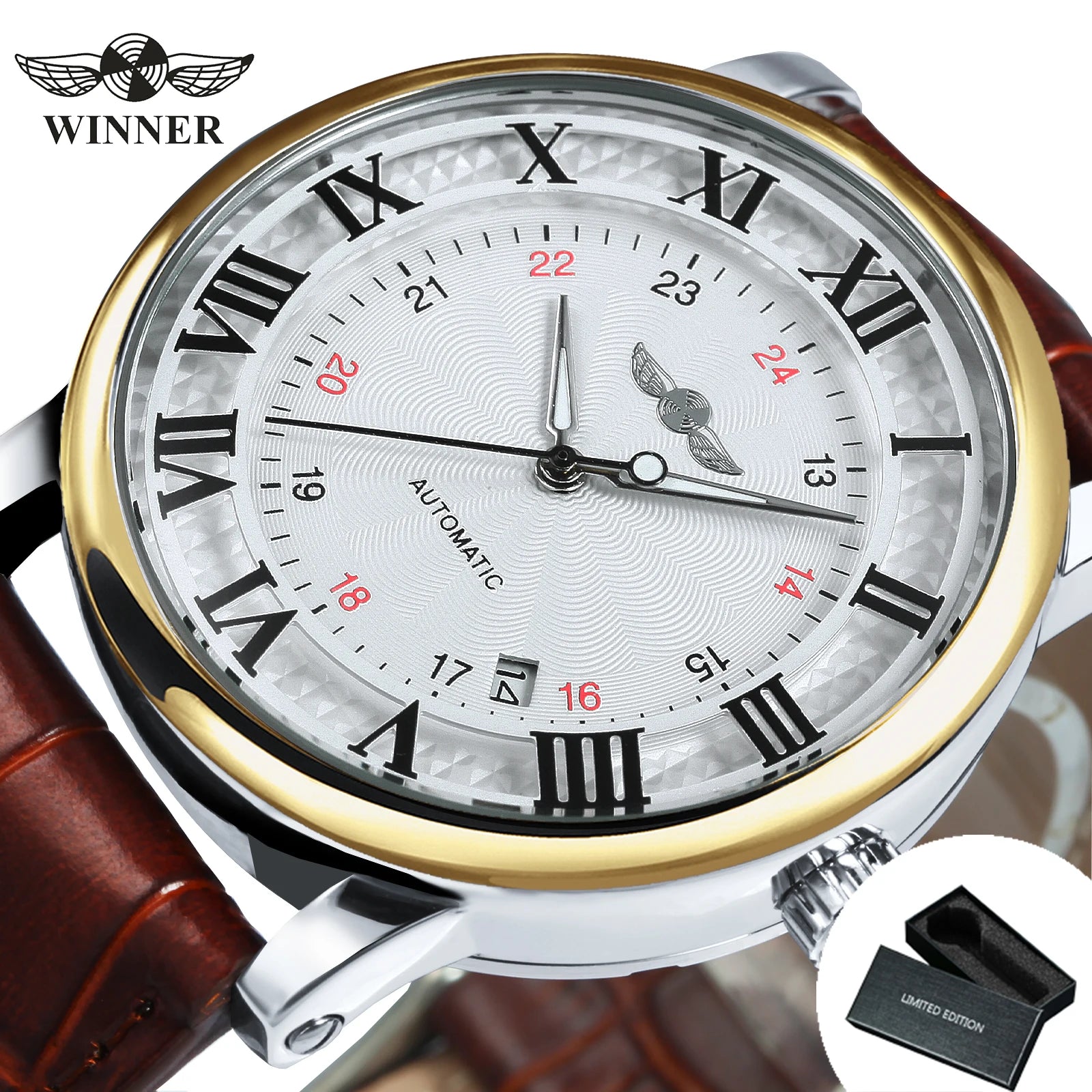 Men's Automatic Mechanical Watch with Leather Strap, Date Display, Minimalist Design