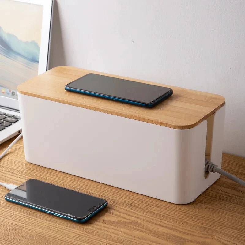 Wooden Cable Storage Box Organizer Dustproof Wire Case for Home & Office