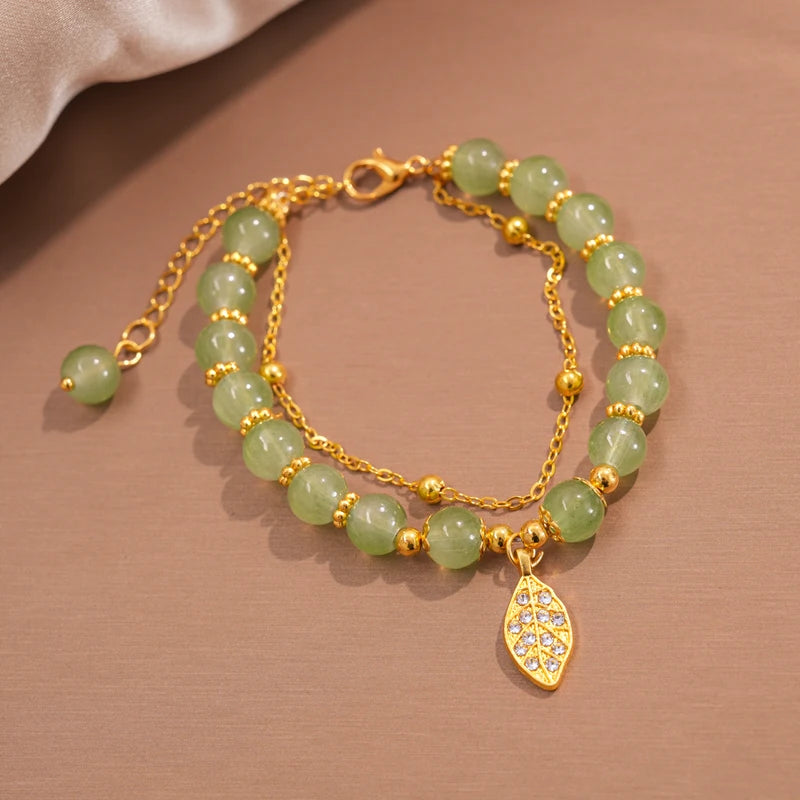Green Jade Bracelet for Women - Exquisite Gold Leaves Wrist Strap Bangle