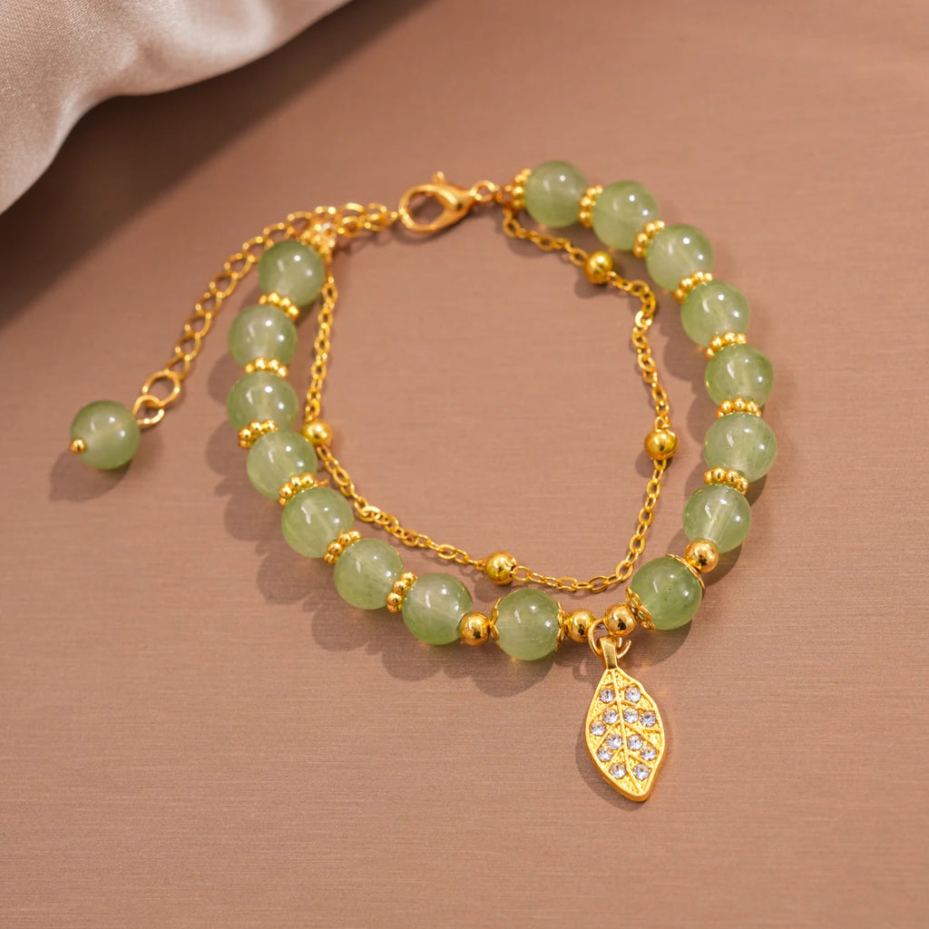 Green Jade Bracelet for Women - Exquisite Gold Leaves Wrist Strap Bangle