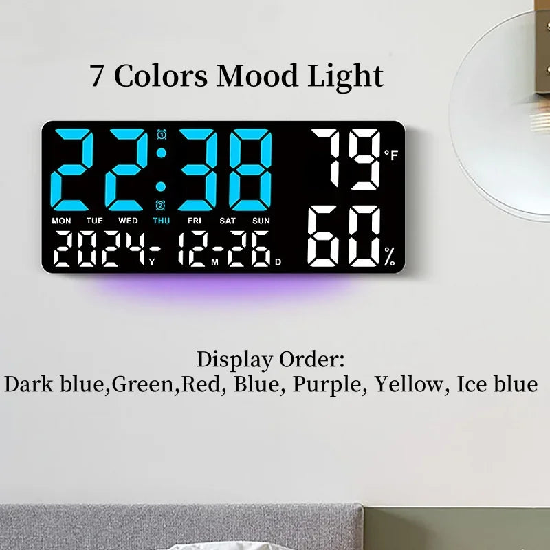 Digital Wall Clock with 7-Color Mood Light, Dual Alarm, Temperature & Humidity Display