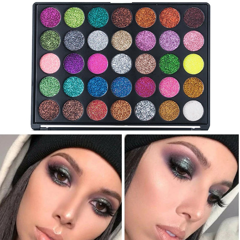 35 Colors Glitter Eyeshadow Palette Waterproof Long Lasting Metallic & Shimmer Makeup