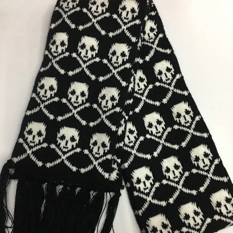 Gothic Halloween Skull Scarf for Women Men - Dark Knit Wrap with Tassels and Fringes