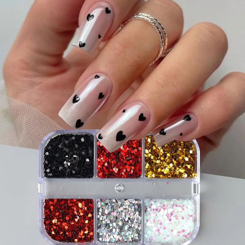 Y2K Heart Glitter Nail Sequins Set - Iridescent Metallic Love for DIY Nails