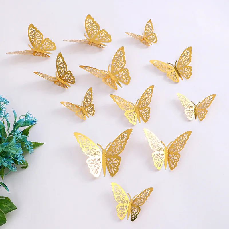 12-Piece 3D Hollow Butterfly Wall Stickers for DIY Home Decor, Party Gifts