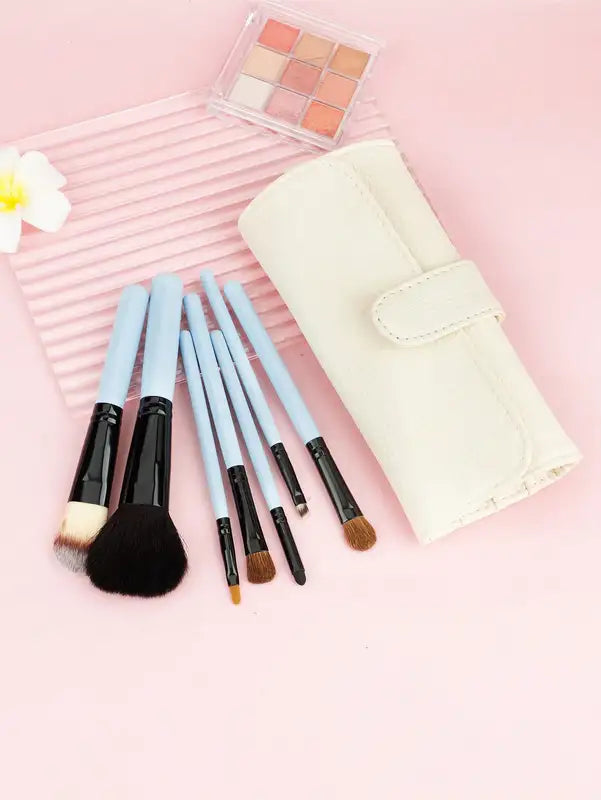 7-Piece Pink Makeup Brush Set with Leather Case - Portable Cosmetic Tools Kit