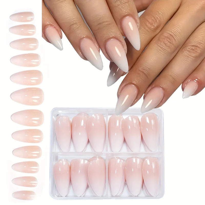 96pcs Almond-Shaped Press-On Nails - Medium Length Pink & White Gradient French Design Glossy Finish