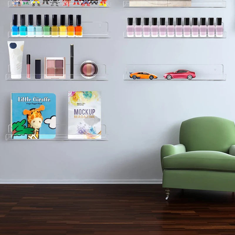 Wall-Mounted Transparent Acrylic Display Shelf for Books, Photos, Bottles, and Decor