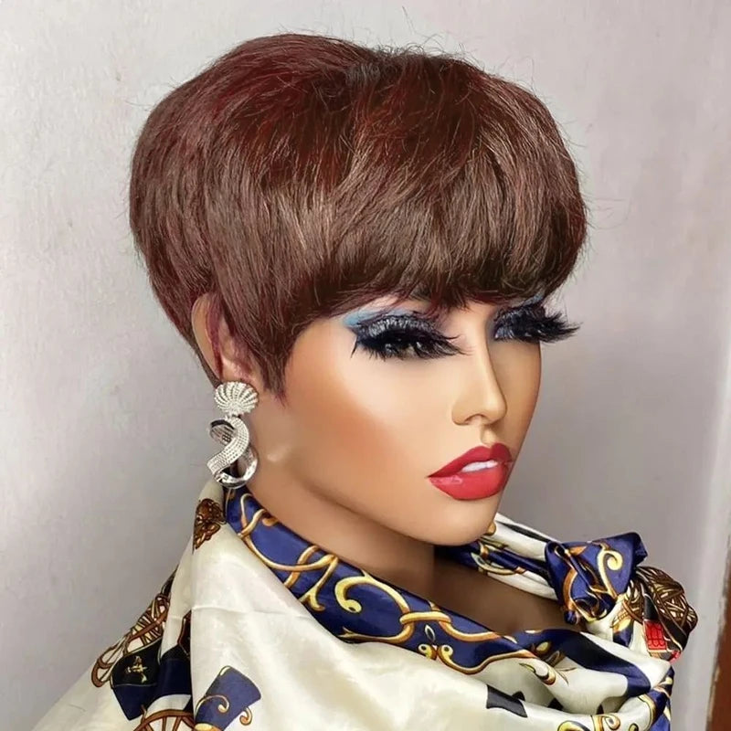 Brown Short Pixie Wig Human Hair for Black Women with Bangs - Brazilian Style