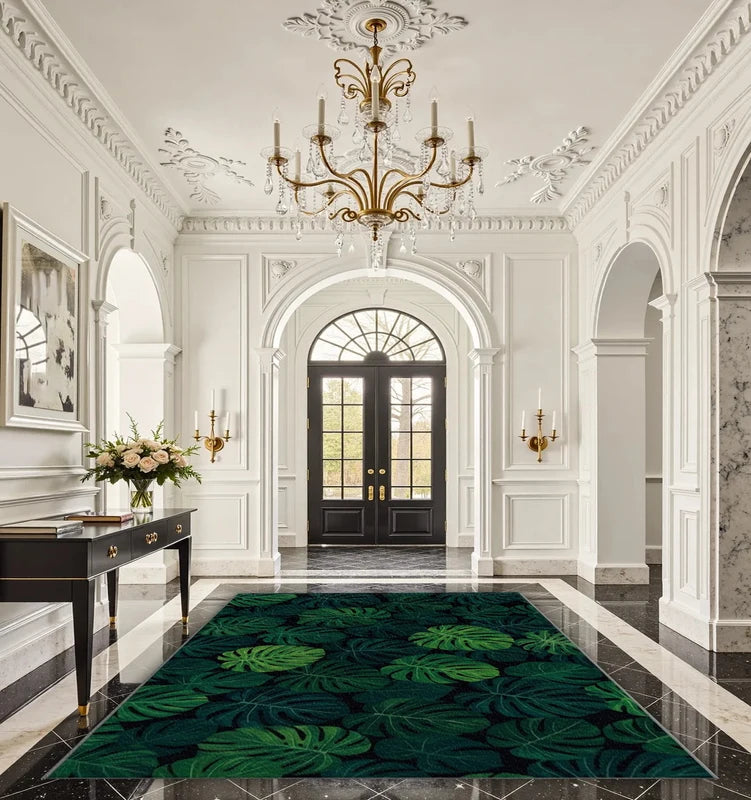Large Jungle Rug with Monstera Leaf Pattern - Non-Slip Washable Green Botanical Living Room Carpet