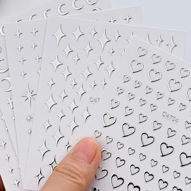 Metal Silver Nail Stickers 3D Star Heart Chain Self-Adhesive Nail Art Decals - 6 Sheets