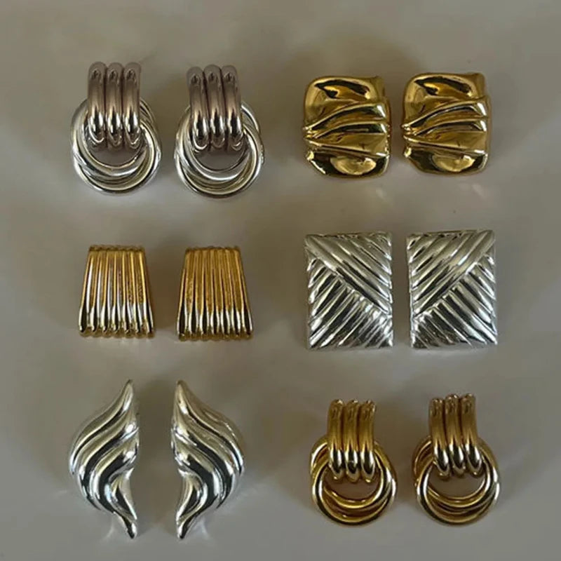 Vintage Texture Gold Plated Stainless Steel Earrings for Women Geometric Circle Twist Statement Jewelry