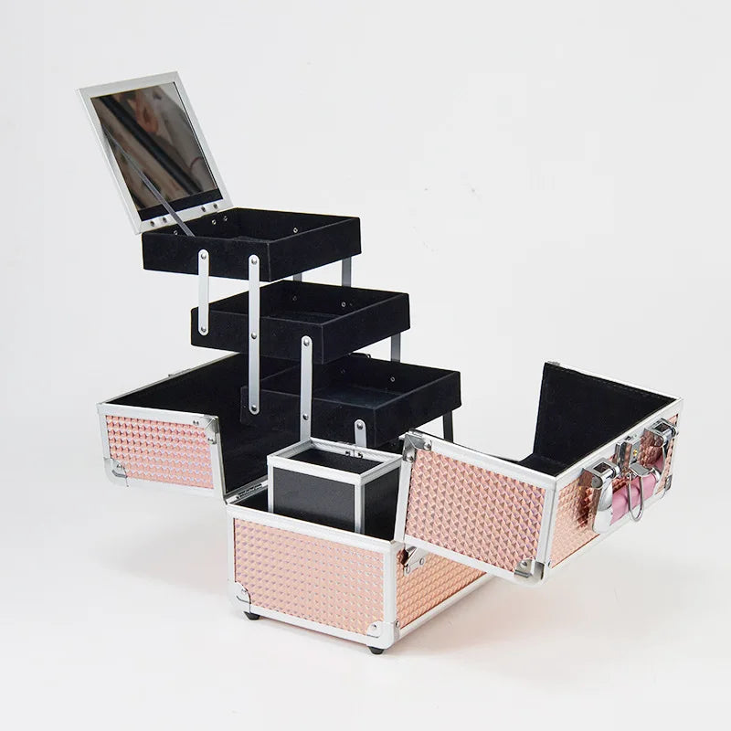 3-Tray Aluminum Makeup Case with Mirror Multi-Layer Beauty Storage for Professionals