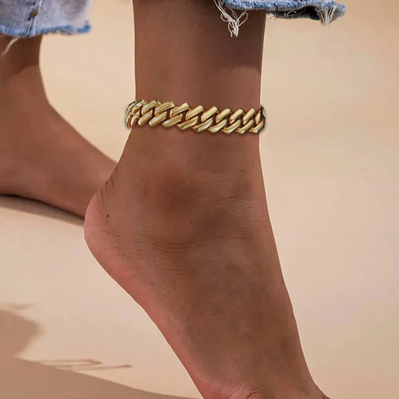 Golden Cuban Chain Anklet for Women Girls Beach Jewelry Hip Hop Rhinestone Paved