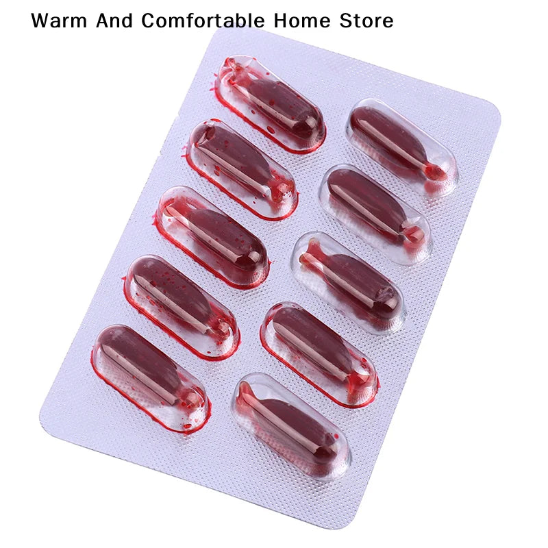 10 Pack Fake Blood Capsules for Halloween Cosplay & Pranks - Horror Makeup