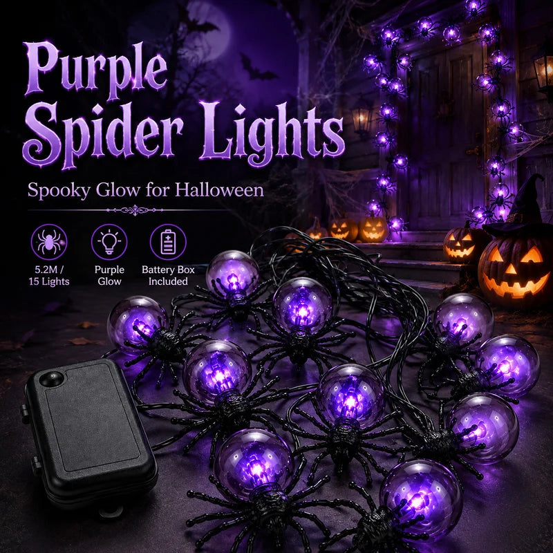 Halloween String Lights Spider Garland Fairy Lights 5.2M Purple Battery Powered for Porch Decor