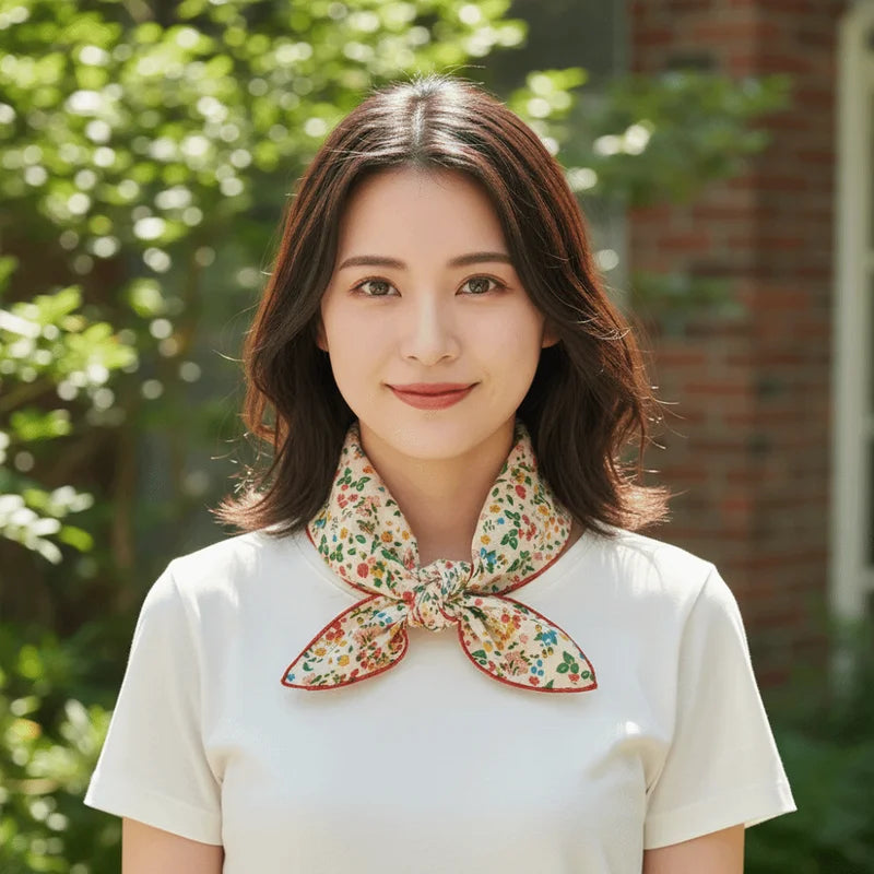 Small Square Scarf with Cherry Flower Print - Elegant Silk Cotton Linen Accessories
