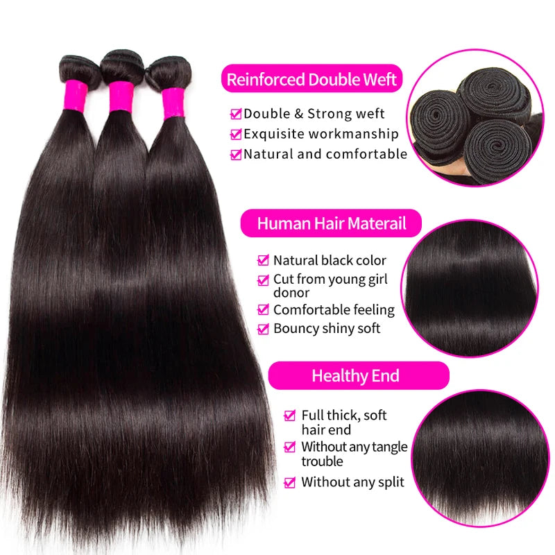 Remy Straight Human Hair Bundles - Natural Black Brazilian Weave Extensions 14-30 Inches