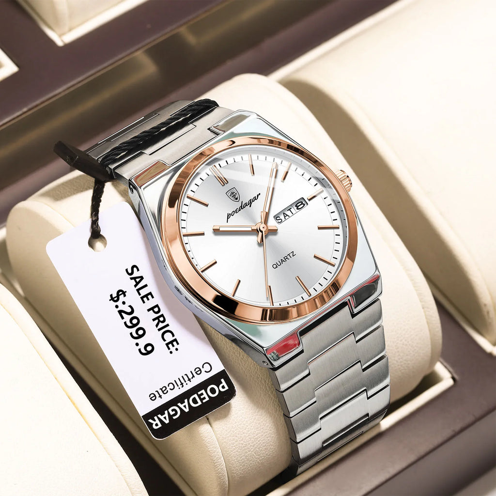Luxury Men’s Waterproof Luminous Quartz Watch with Date and Week Display