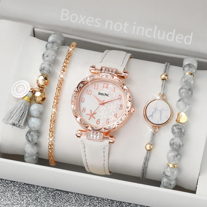 Women’s Fashion Flower Dial Quartz Watch Set with Leather Bands and Bracelets