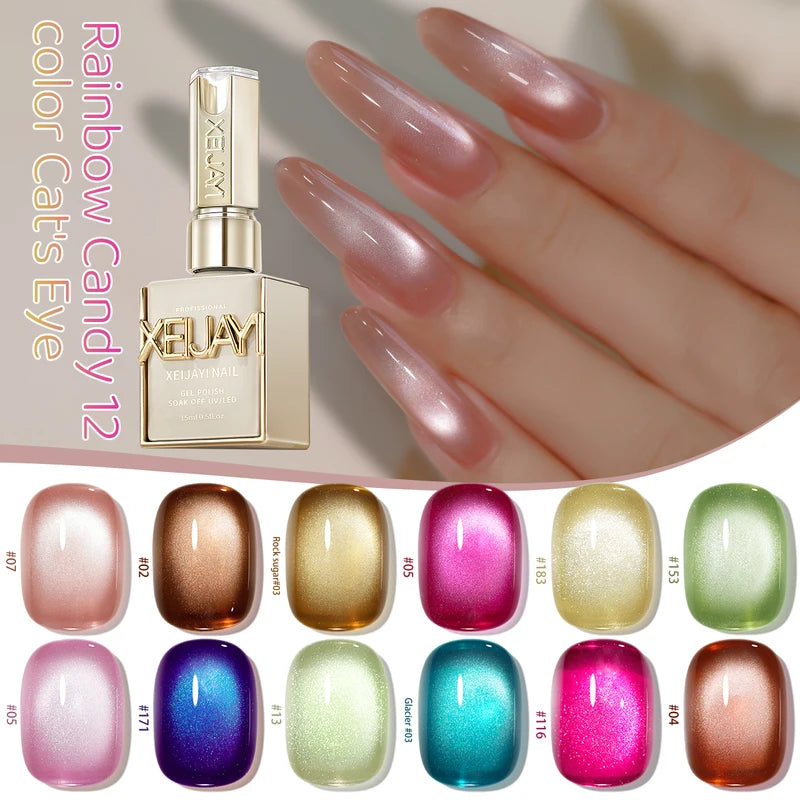 Rainbow Cat Eye Gel Nail Polish Set 12 Colors 15ml Semi-Permanent UV LED Nails