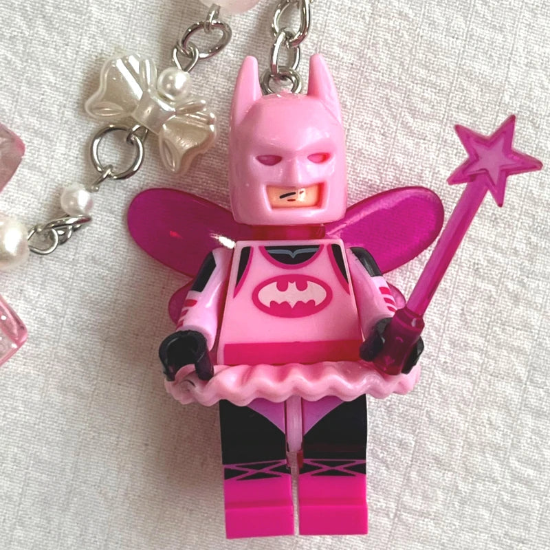 Cute Pink Fairy Batman Building Block Keychain Charms for Couples & Friends