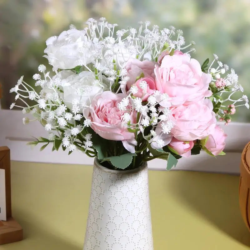 Artificial Rose & Baby Breath Bouquet Wedding Decor Fake Flower Set