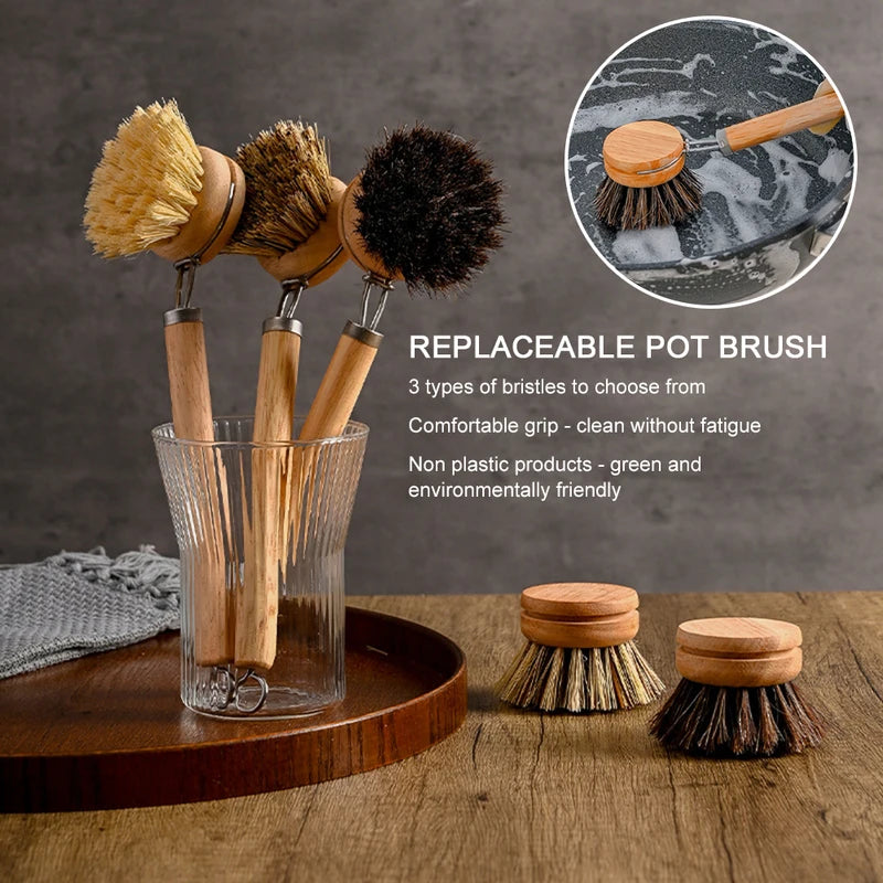 Replaceable Wooden Handle Dish Brush for Stain Removal Kitchen Cleaning Tool