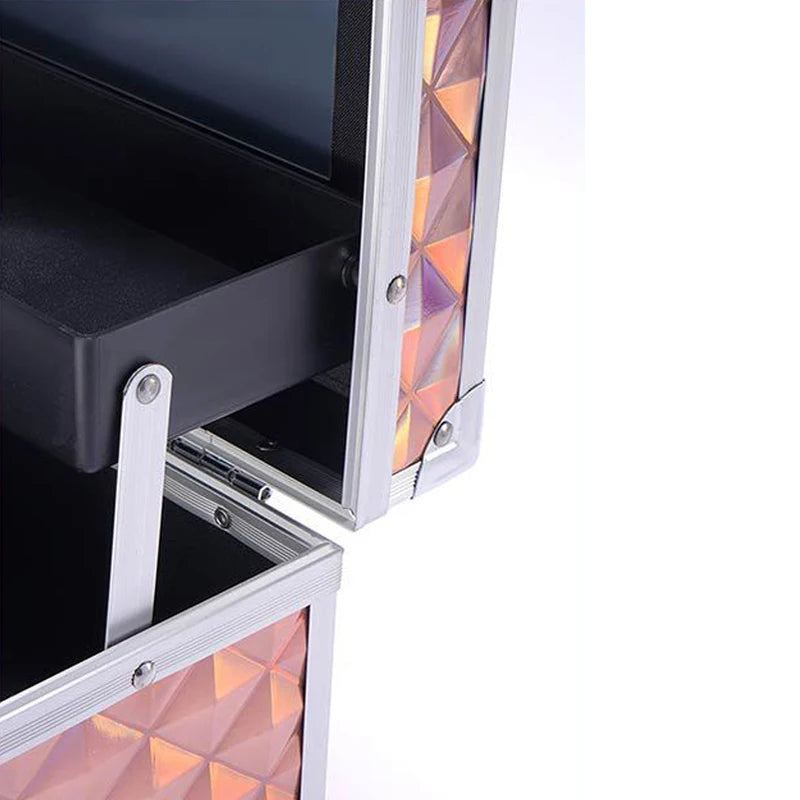 Diamond Patterned Makeup Train Case with Mirror - Double Layer Cosmetic Organizer for Sponges and Skincare