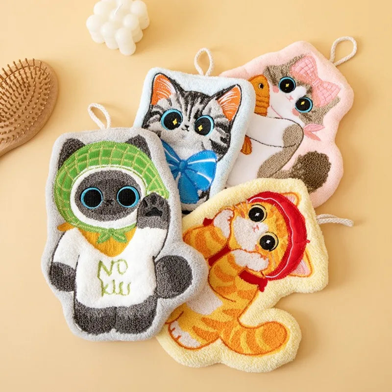 Cute Cat Hand Towel Coral Fleece Absorbent Bathroom Kitchen Washcloth