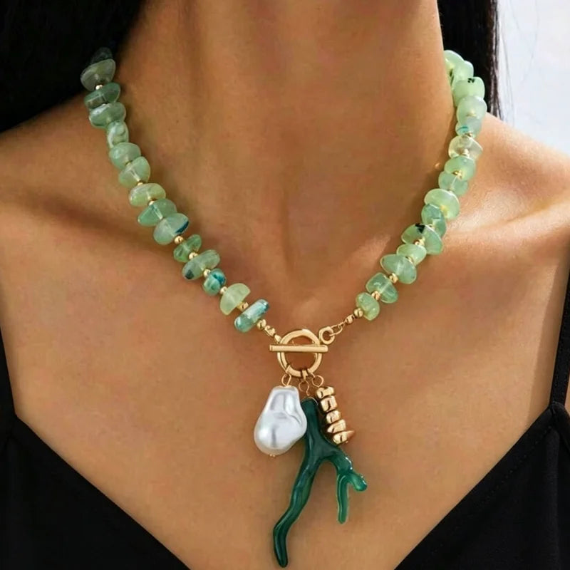 Boho Resin Coral Beaded Necklace for Women with Imitation Pearl Pendant - Toggle Clasp Choker Jewelry