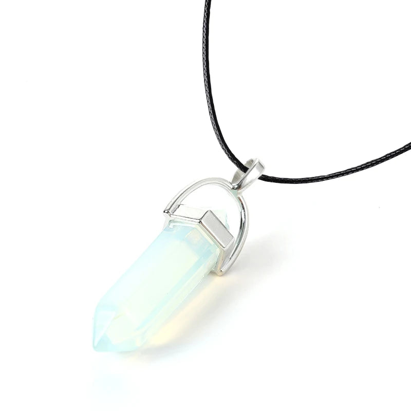 Hexagonal Quartz Necklace with Turquoise Pink Crystal Pendant for Women Leather Chain