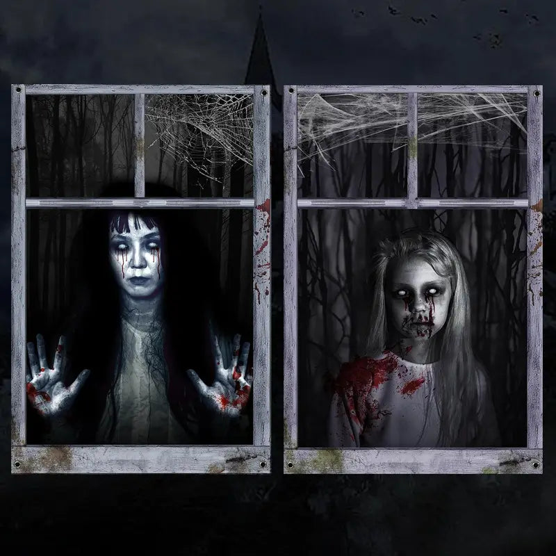 Halloween Ghost Curtain Decorations 2 Pack - Indoor/Outdoor Window Coverings