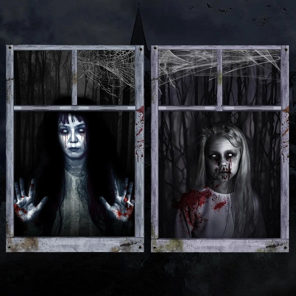 Halloween Ghost Curtain Decorations 2 Pack - Indoor/Outdoor Window Coverings