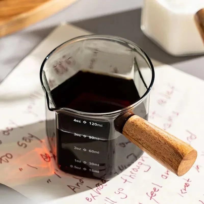 120ml Glass Espresso Measuring Cup with Scale & Wooden Handle - Coffee & Latte Tool