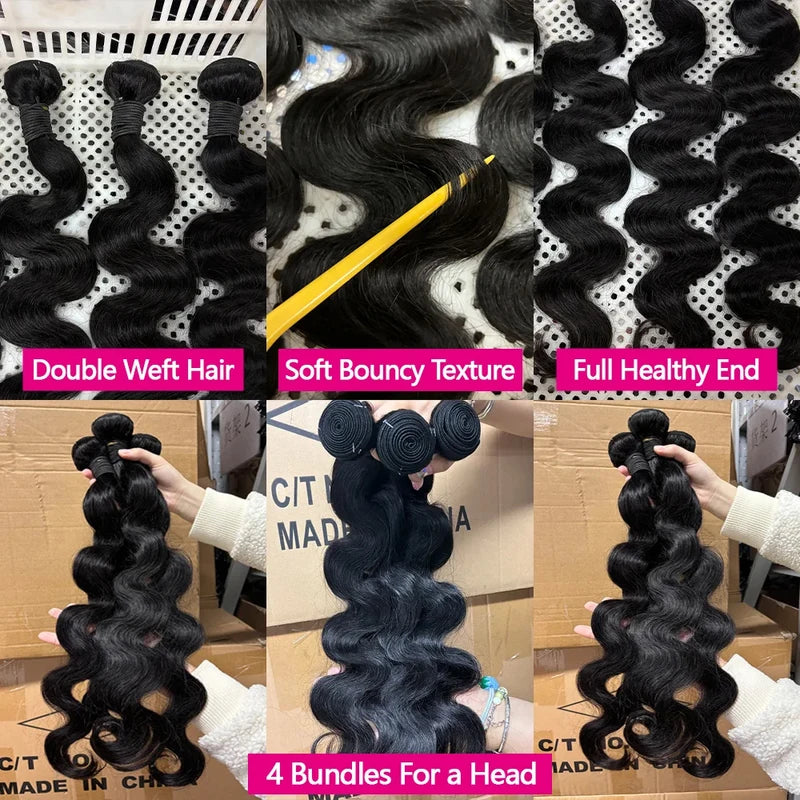 15A Body Wave Human Hair Bundles with Transparent Closure 32 Inch - Natural & Versatile