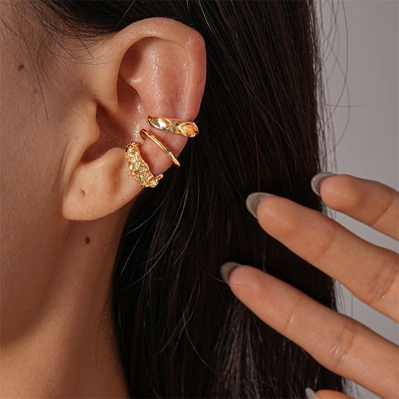 Set of Silver Plated Geometric Ear Cuff Earrings Non-Piercing Jewelry for Women & Girls