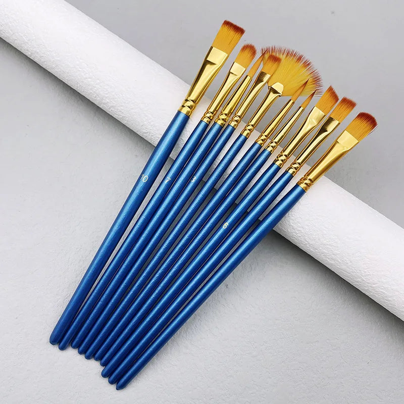 10pcs Watercolor Paint Brush Set with Wooden Handles for Art, Oil & Acrylic Painting