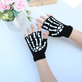 Luminous Skeleton Half Finger Gloves for Halloween Costume Black Knitted Fingerless Gloves Skull Accessory