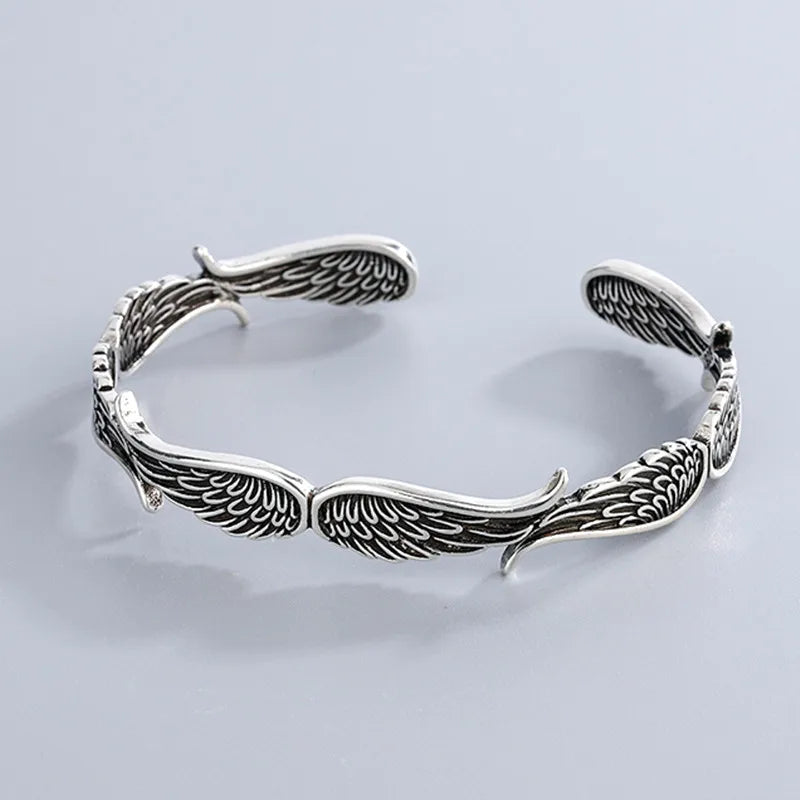 Sterling Silver Angel Wings Bracelet - Retro Thai Jewelry Open Cuff