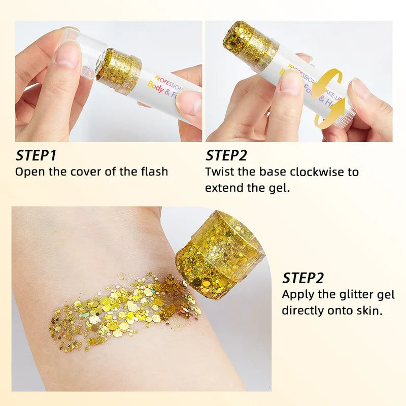 Colorful Body Glitter Stick with Sequins & Shimmer Topcoat for Makeup & Hair - Festive Glam