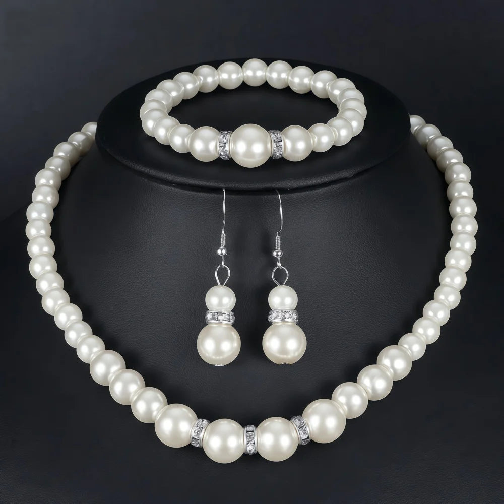 Imitation Pearl Fireball Jewelry Set with Necklace Bracelet Earrings - Silver or Gold Color