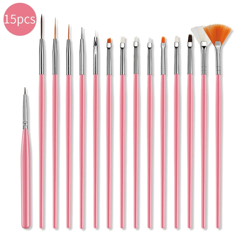 15-Piece Fine Detail Nail Art Brush Set for Acrylic Gel & Manicure Design